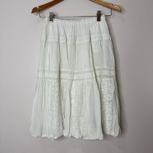 Johnny Was White Rayon Cotton Floral Embroidered Elastic Waist Skirt Size Small